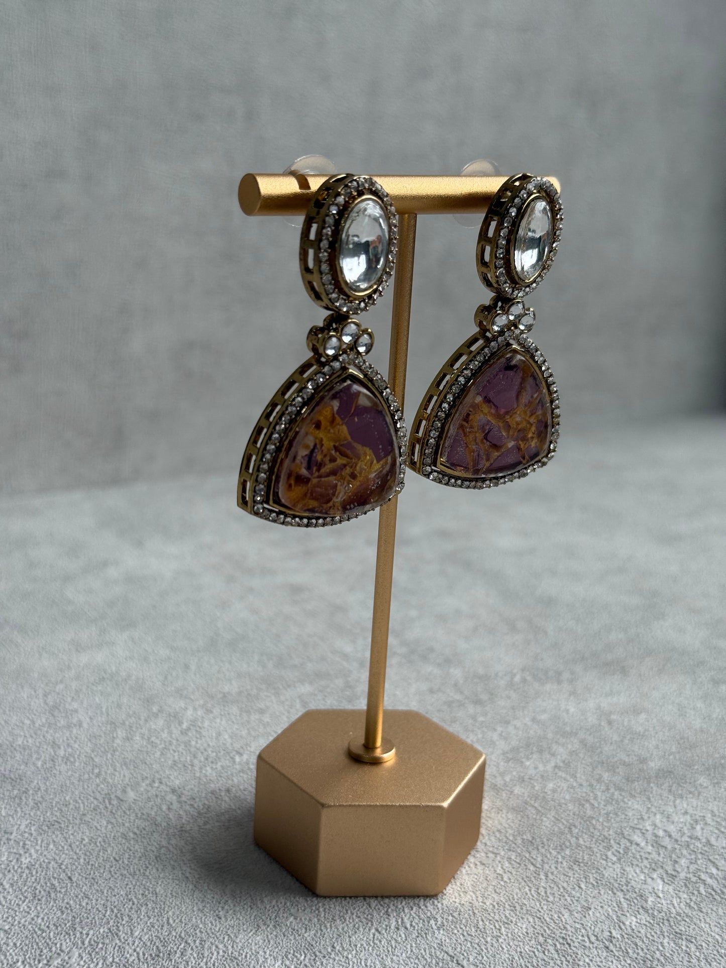 Ayura Designs Florence Earrings – mirror cut studs with Berry Pink Marble Resin & Crystal Borders