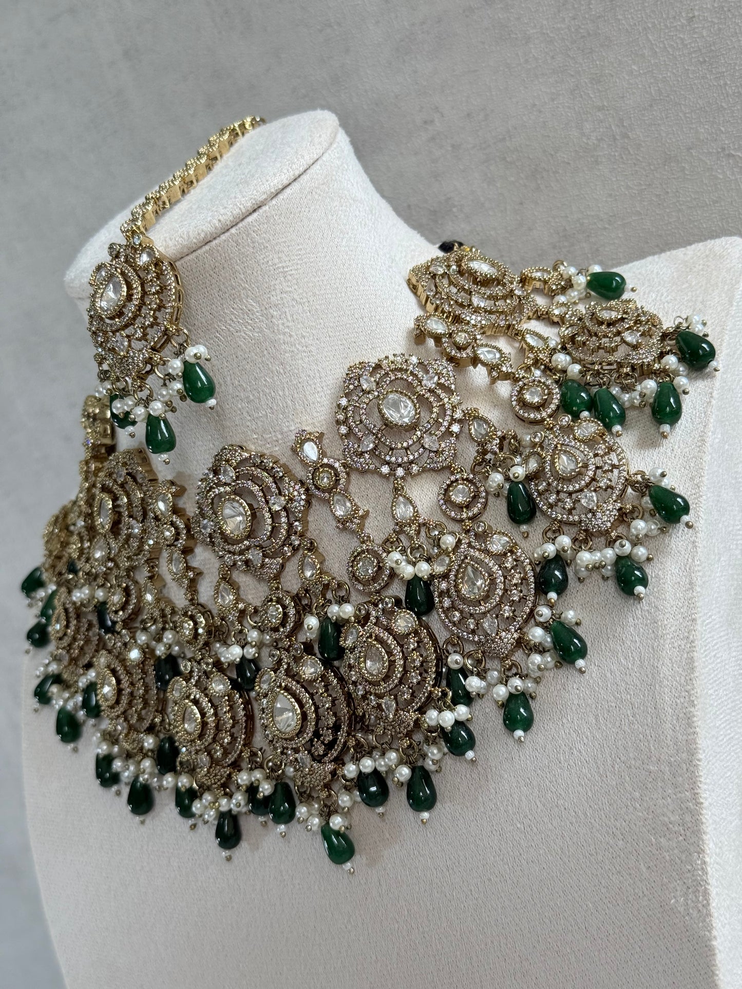 Ayura Designs Fazal Set with Necklace, Earrings & Tikka – Emerald Green Drops, Pearl Detailing & Moissanite Stonework