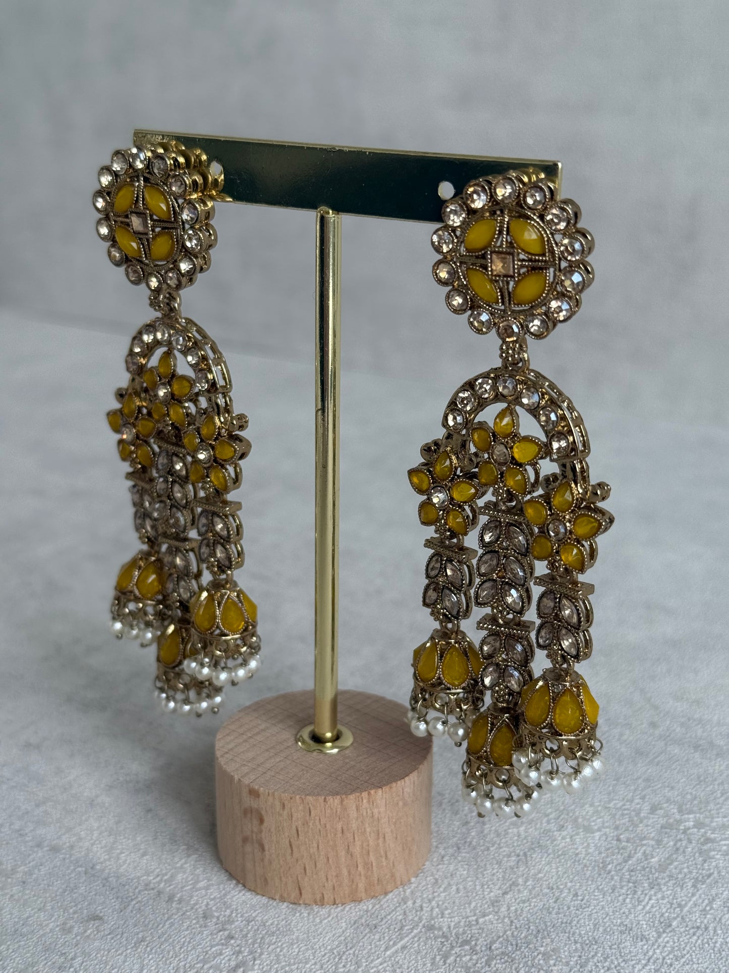 Ayura Designs Soraya Earrings – Yellow Stones, Champagne Crystals, Pearl Detailing & Gold Finish