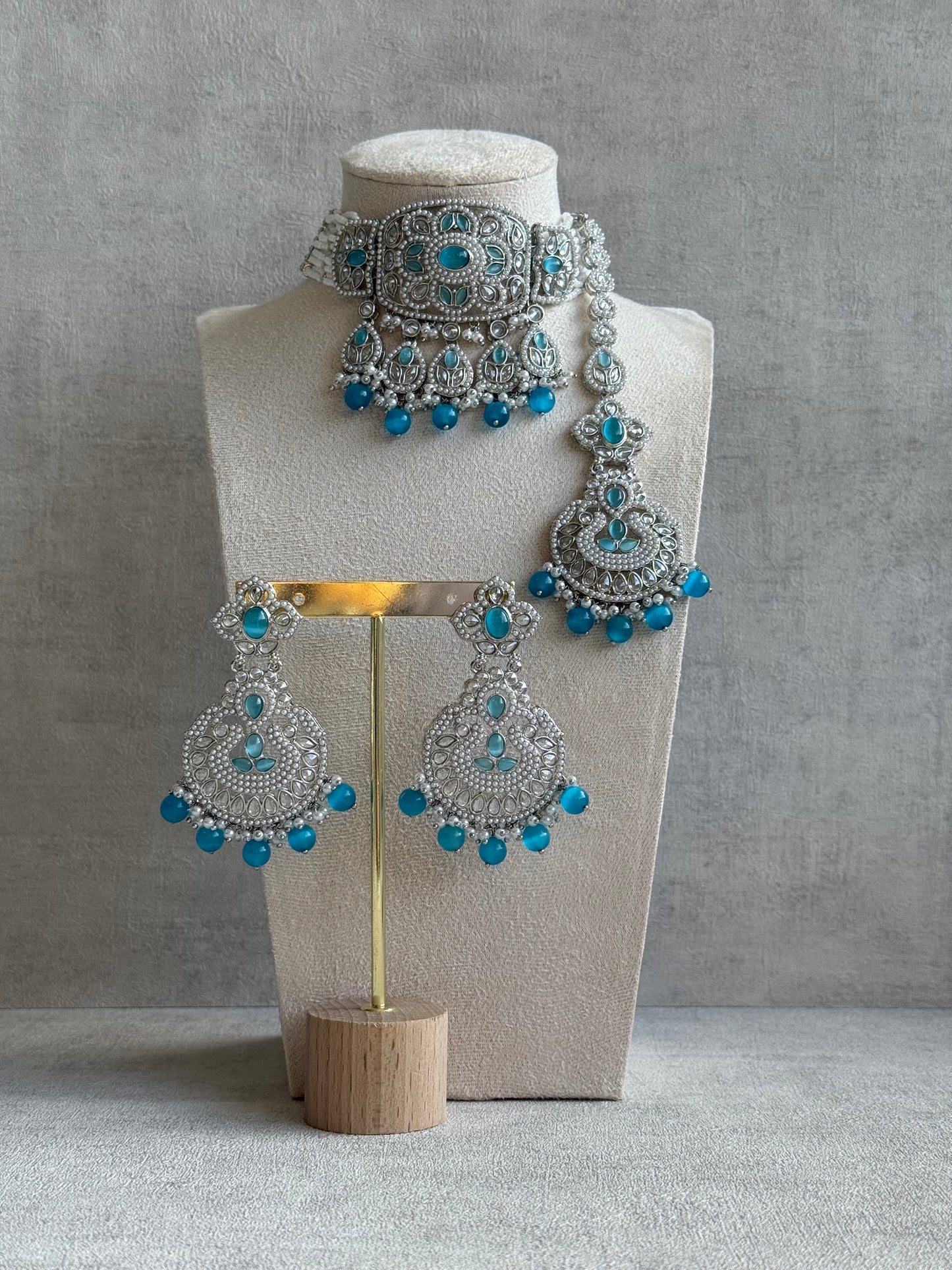 Ayura Designs Zarlish Set – Choker, Earrings & Tikka with Mirror-Cut Stones, Aqua Blue Beads & Silver Finish