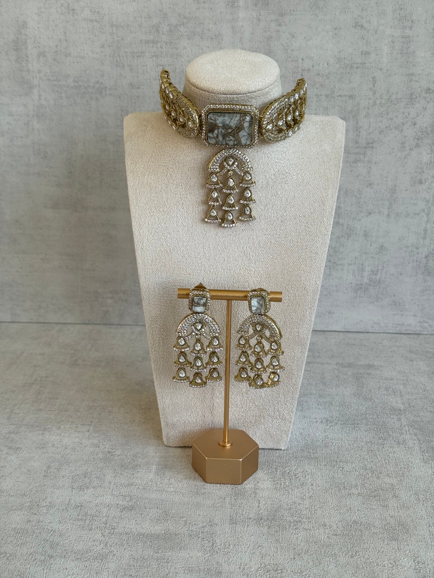 Ayura Designs Isla Choker Set with Earrings – All-White Marble & Moissanite Stones