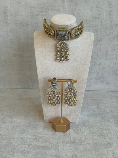 Ayura Designs Isla Choker Set with Earrings – All-White Marble & Moissanite Stones