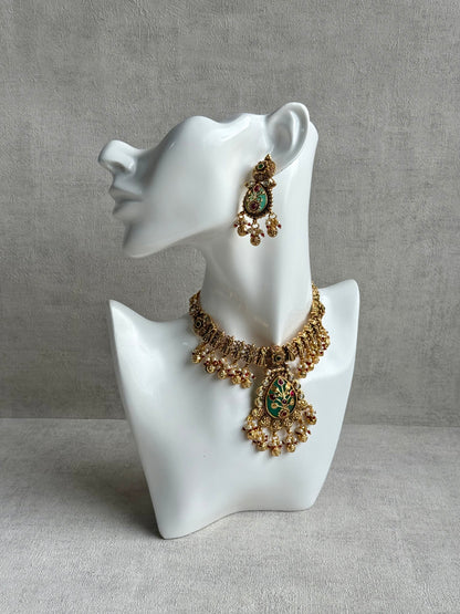 Ayura Designs Divya Set – Antique Gold Choker with Green Meenakari, Ruby Stones & Pearl Detailing