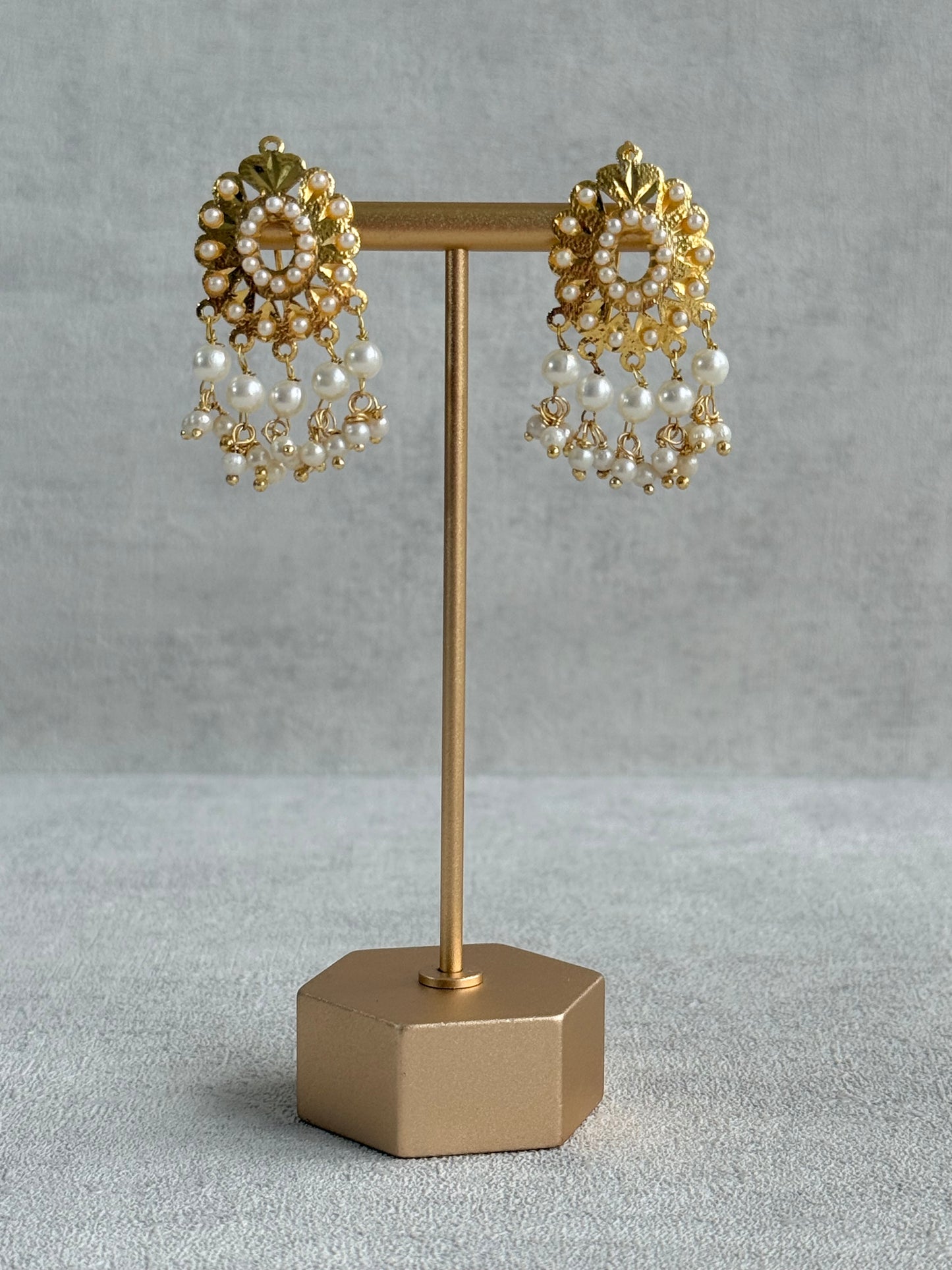 Ayura Designs Tarz Necklace Set with Earrings – Gold Pearl Layered Fringe Design with Pearl Drops