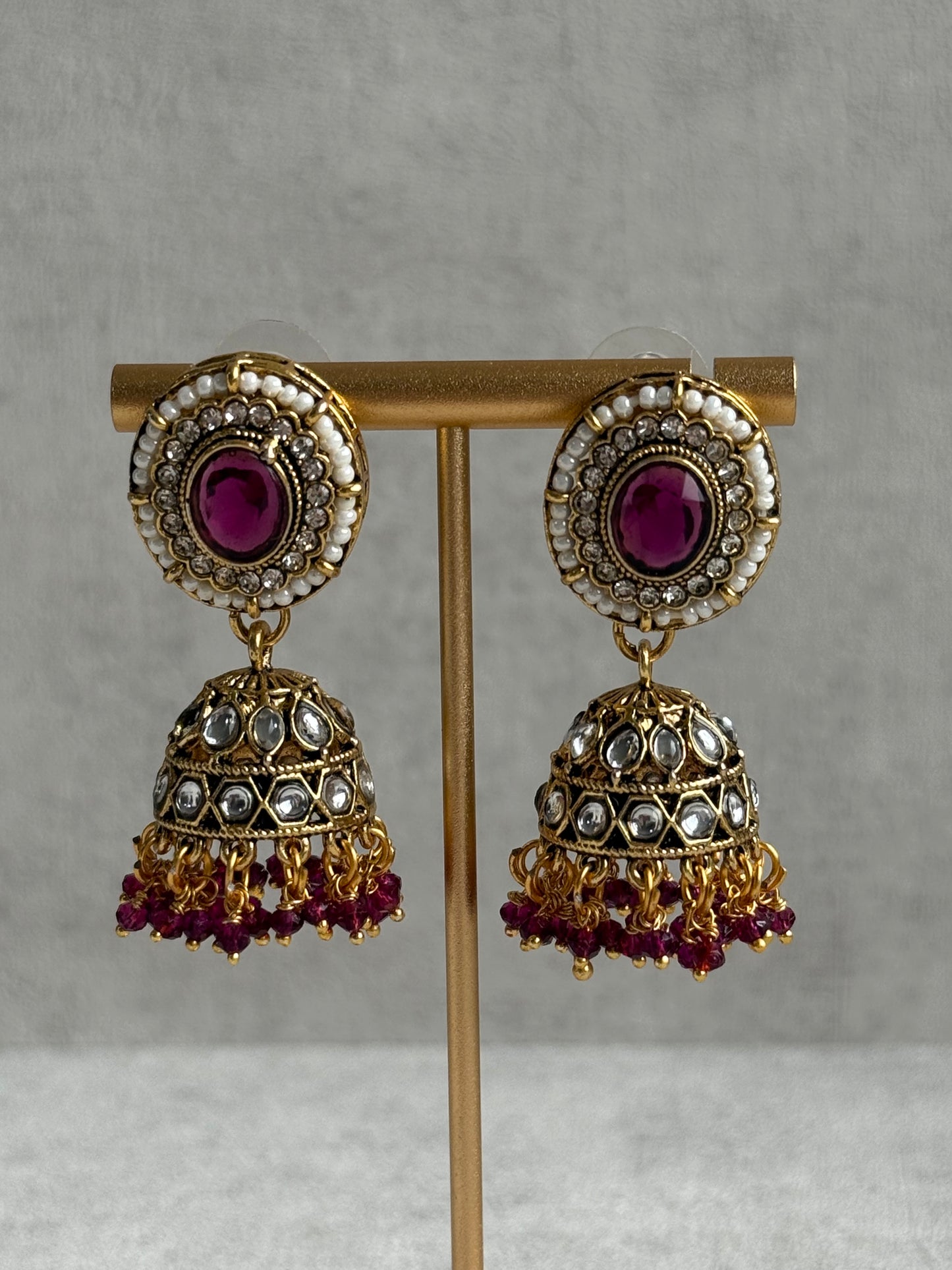 Ayura Designs Muskaan Set – Choker, Jhumkis & Tikka with Magenta Beads, Kundan Stones & Antique Gold Finish
