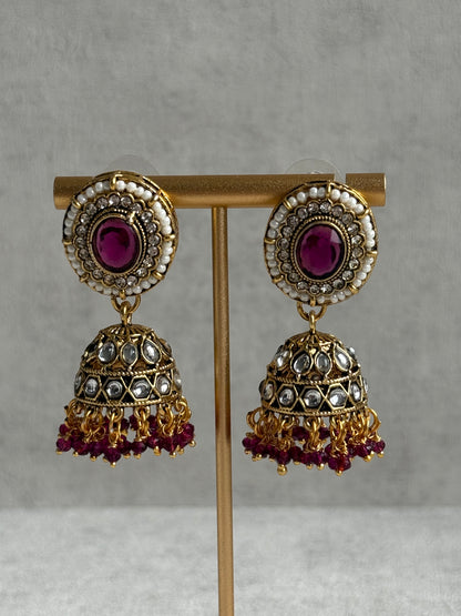 Ayura Designs Muskaan Set – Choker, Jhumkis & Tikka with Magenta Beads, Kundan Stones & Antique Gold Finish