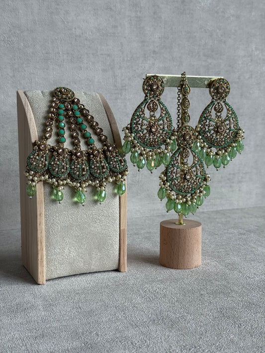 Ayura Designs Gaya Tikka Set with Earrings, Tikka & Sahara – Antique Gold with Pistachio Green Beads, Pearls & Mirror-Cut Stones
