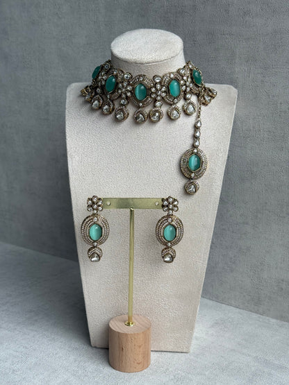 Ayura Designs Emanya Choker Set – Choker, Earrings & Tikka with Mirror-Cut Stones, Aqua & Antique Gold Detailing