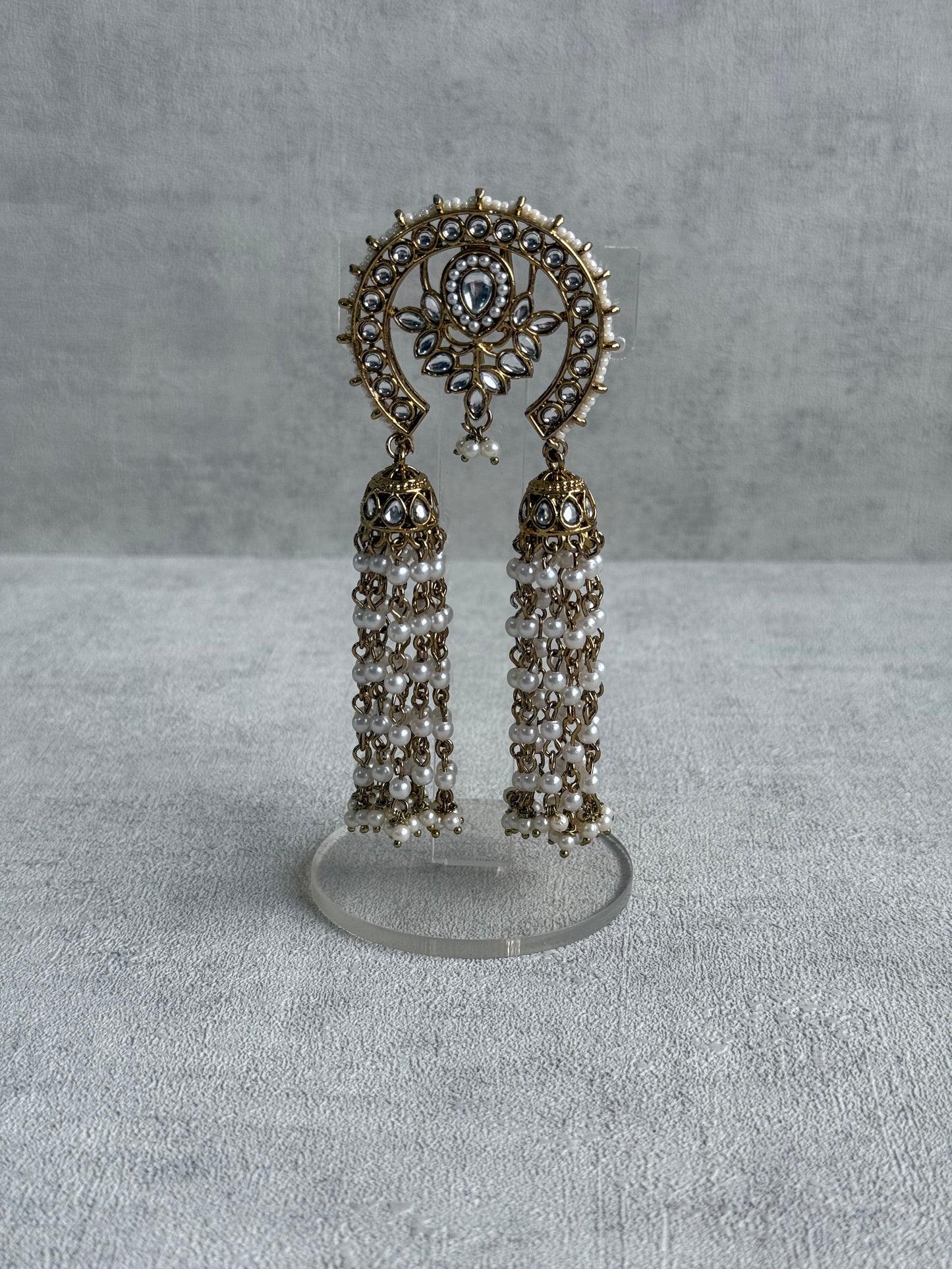 Ayura Designs Kamya Hair Brooch – Crescent Polki Design with Pearl Tassels & Antique Gold Finish