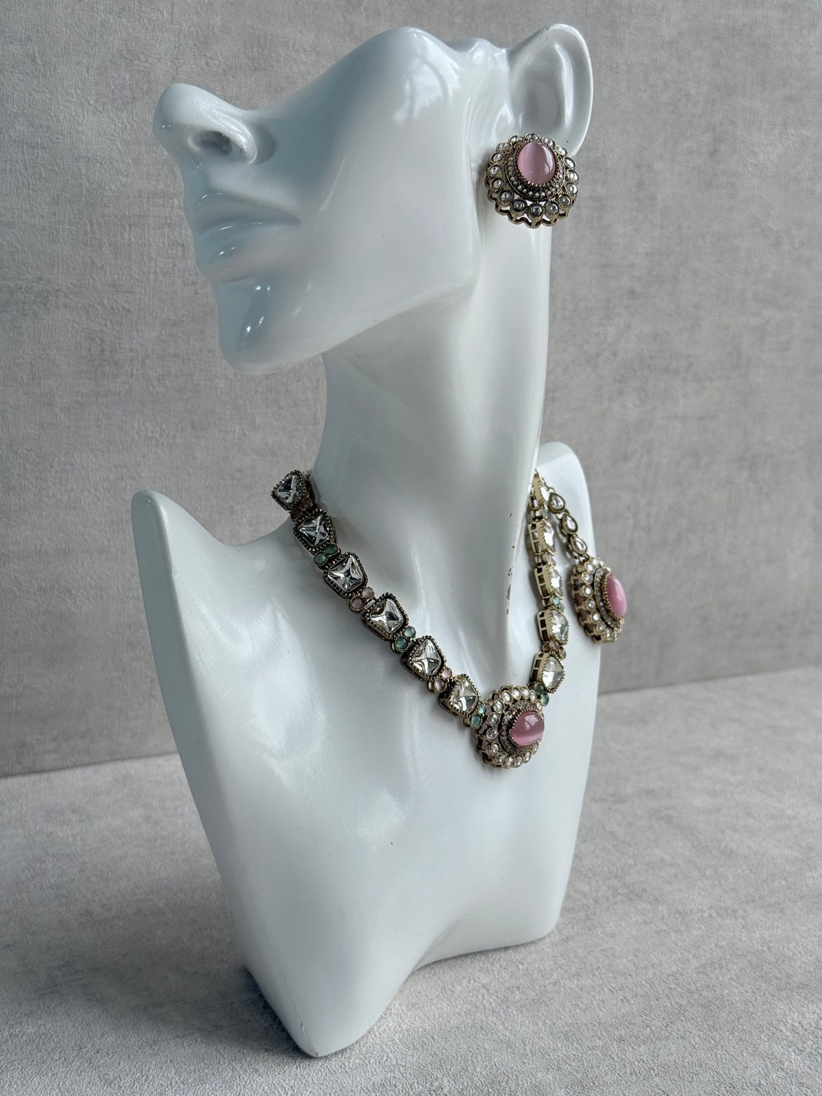 Ayura Designs Inza Necklace Set – Blush Pink & Mint Green Stones, Kundan & Crystals with Antique Gold Finish