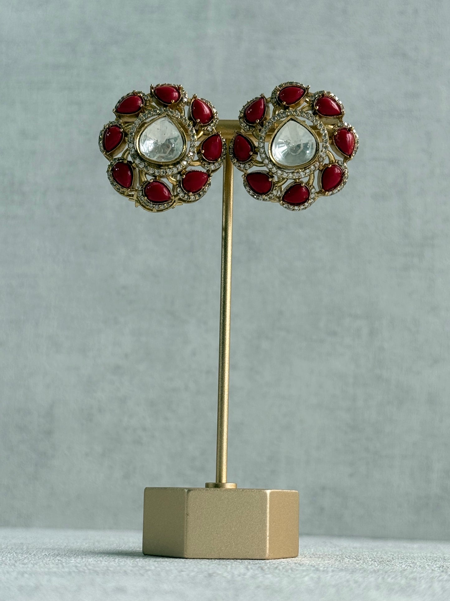 Ayura Designs Giana Stud Earrings – Ruby Red & Crystal Kundan with Gold Finish