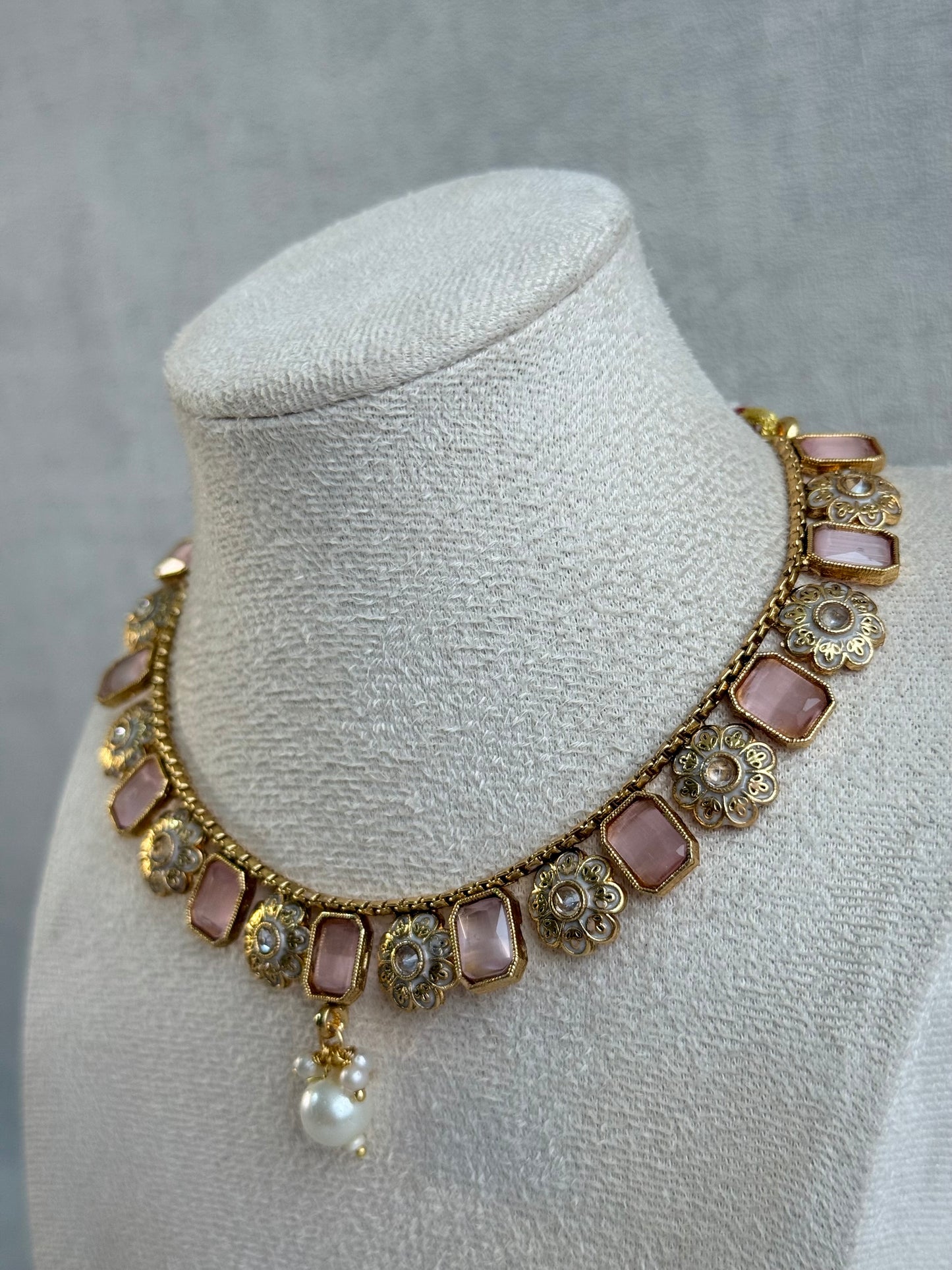 Ayura Designs Padma Necklace Set with Earrings – Blush Pink Stones with Pearl Drop Detailing