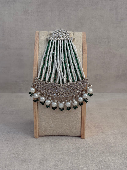 Ayura Designs Ash Jhoomar Passa – Emerald Green Beads with Mirror Cut Stones & Silver Finish