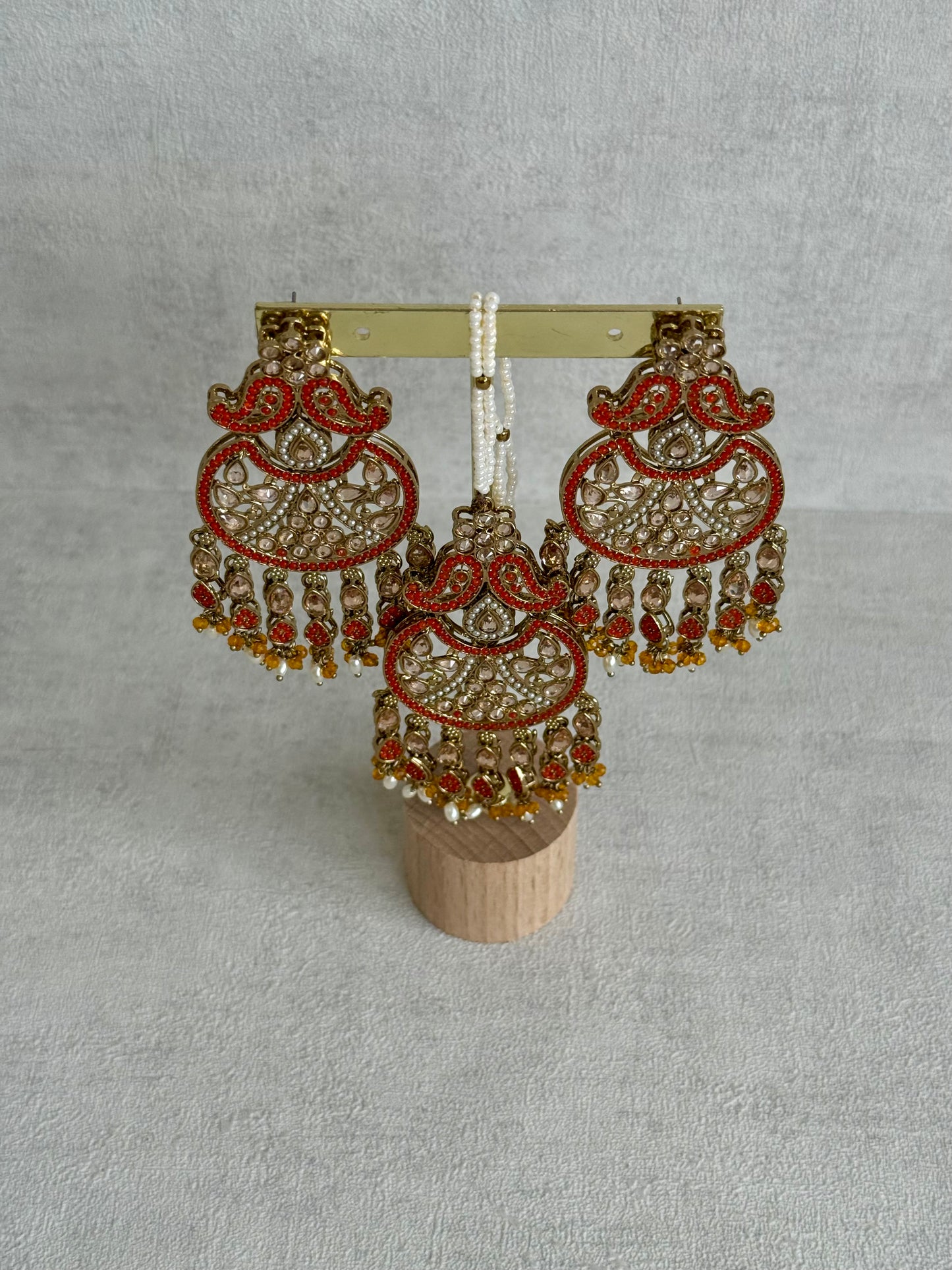 Ayura Designs Anvi Tikka Set with Earrings – Orange with Champagne Stones & Pearl Drops
