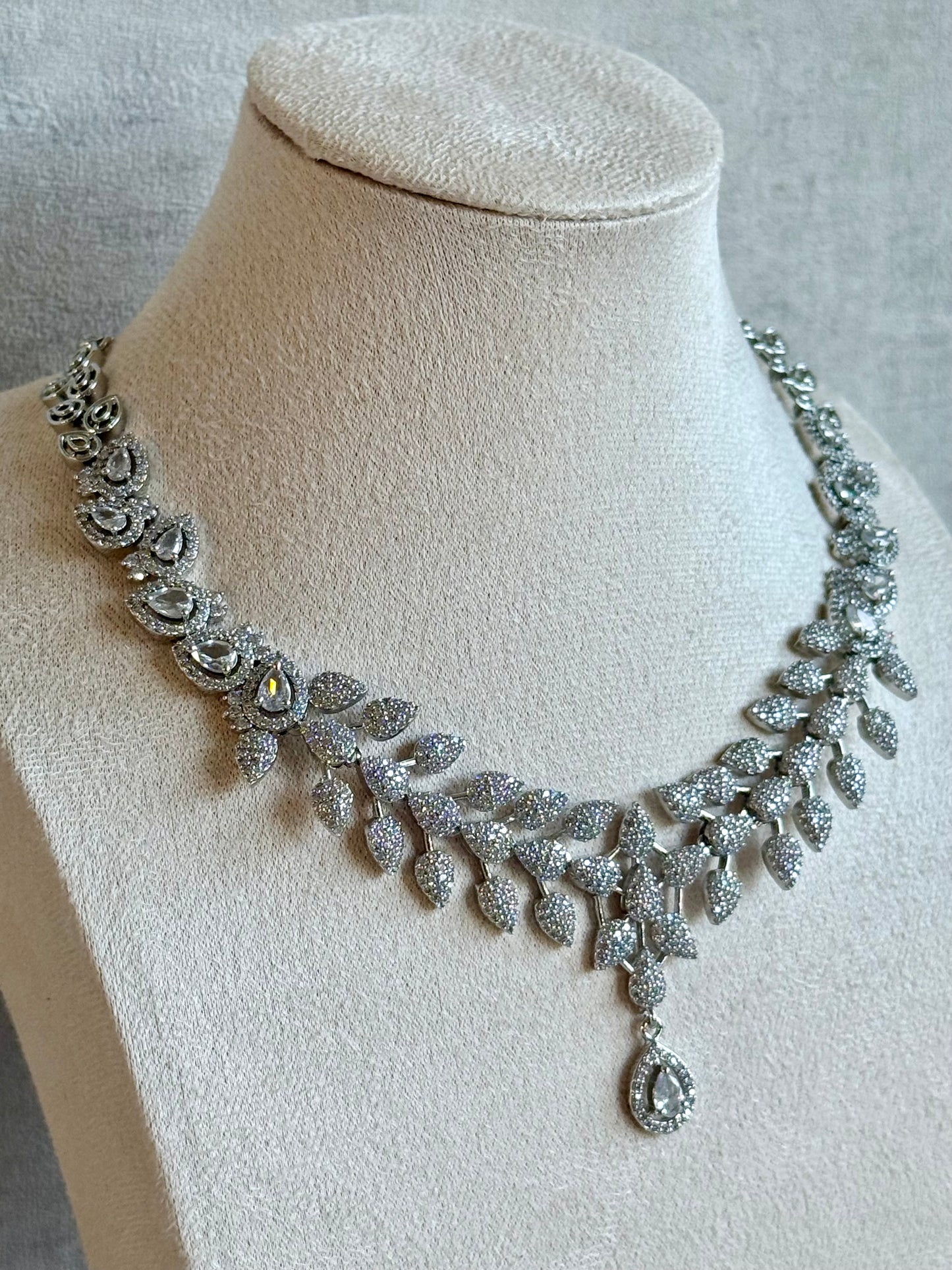 Ayura Designs Vivienne Set with Necklace & Earrings – Silver Finish with Teardrop Crystals and Clustered Leaf Detailing