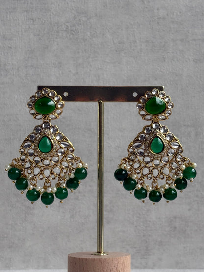 Ayura Designs Javeria Set with Earrings & Tikka – Emerald Green Stones, Mirror Kundan & Gold Finish