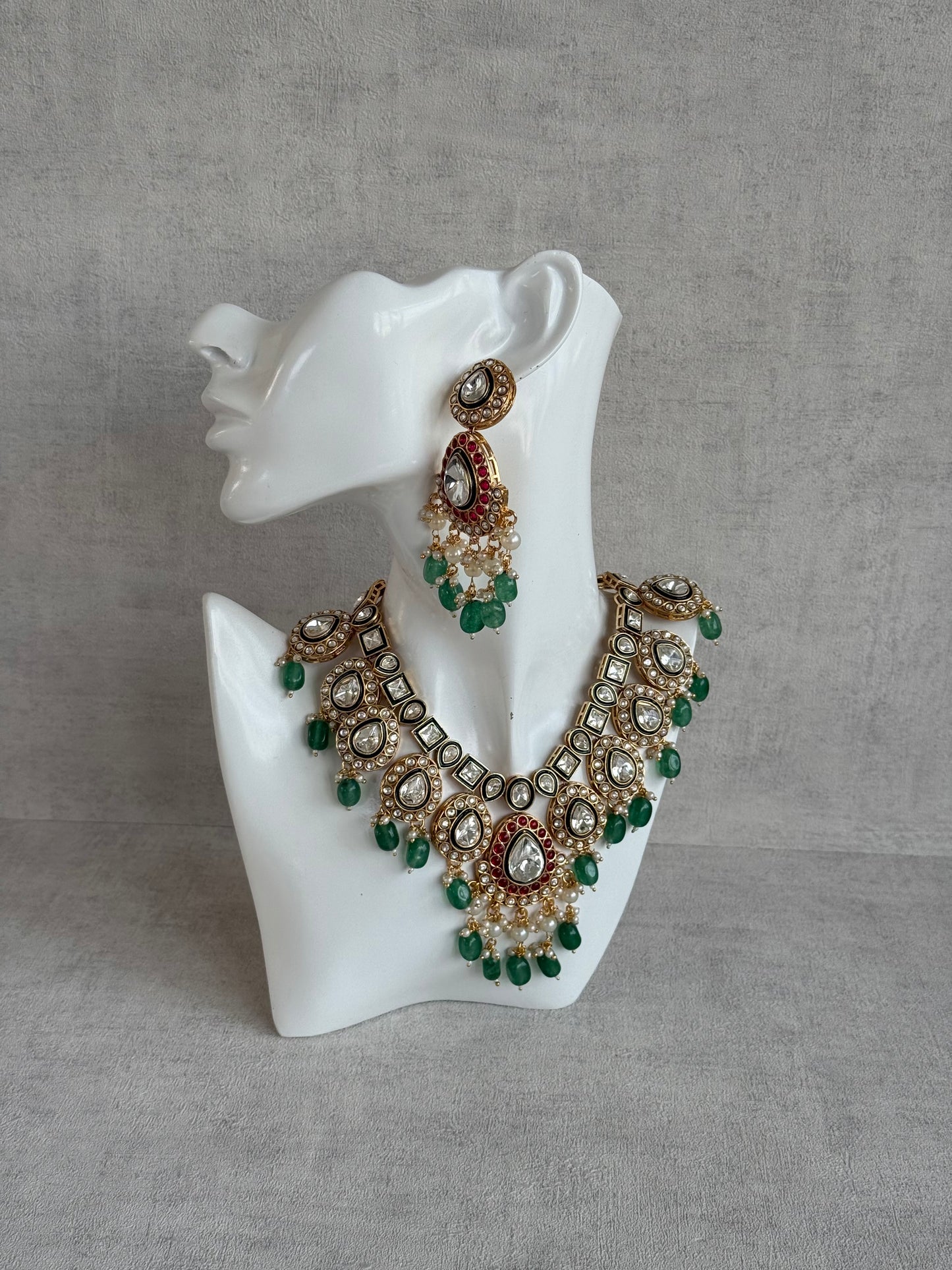 Ayura Designs Eesha Set with Necklace, Earrings & Tikka – Multicolour Stones with Kundan Detailing, Emerald Green Beads & Pearl Drops