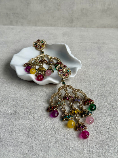 Ayura Designs Jasmine Earrings – Chandelier Earrings with Multicolour Beads & Antique Gold Detailing