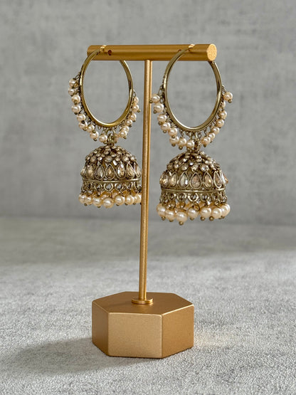 Ayura Designs Jugni Bali Jhumkas – Antique Gold with Ivory Pearl Accents