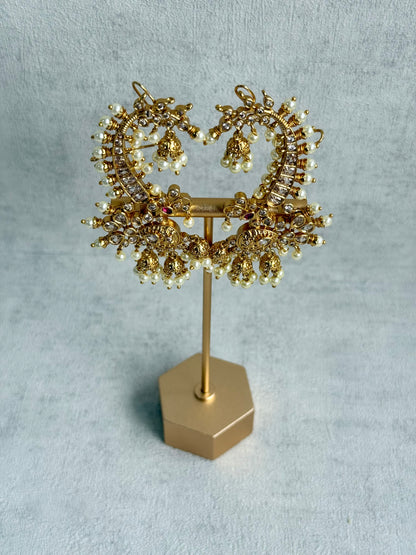 Ayura Designs Megha Half Ear Cuff Earrings – Gold Peacock Motif with Kundan Crystals, Pink Stone Accents & Pearl Jhumka Drops