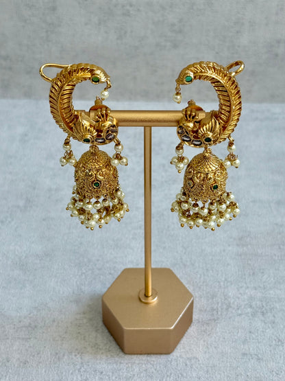 Ayura Designs Mythili Jhumkis – Half Ear Cuffs in Antique Gold with Peacock Design, Emerald Green Stones and Pearl Drops
