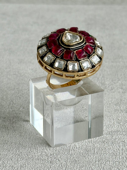 Ayura Designs Zaib Adjustable Ring – Mirror-Cut Stone with Green Enamel, Ruby Pink Accents & Crystal Detailing