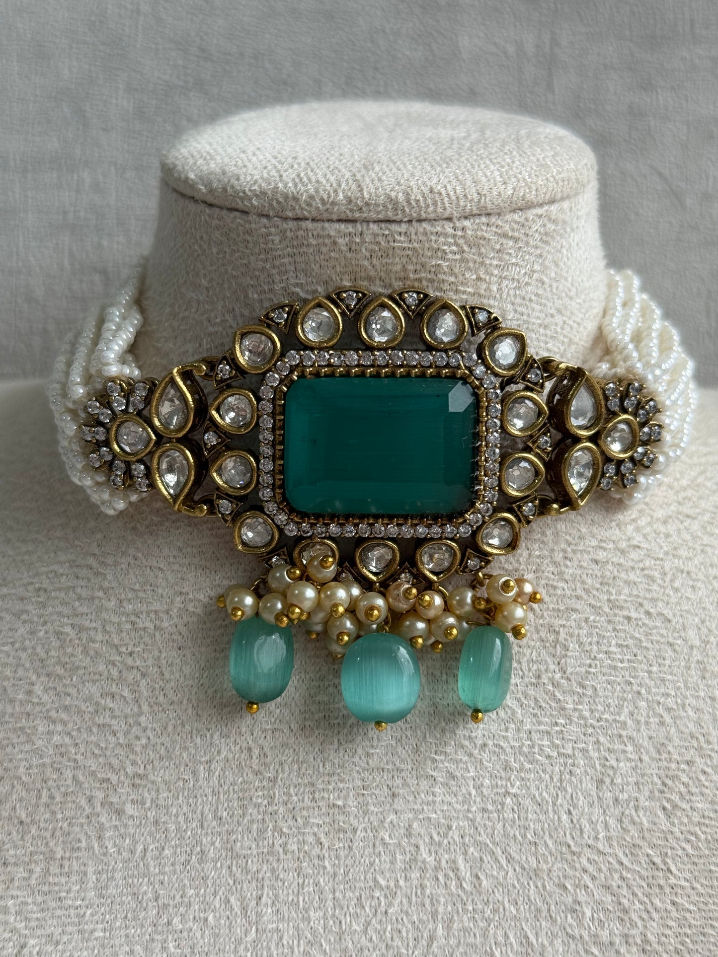 Ayura Designs Eva Choker Set with Earrings – Mirror-Cut Kundan, Pearl Strands & Mint-Green Stones in Antique Gold Finish