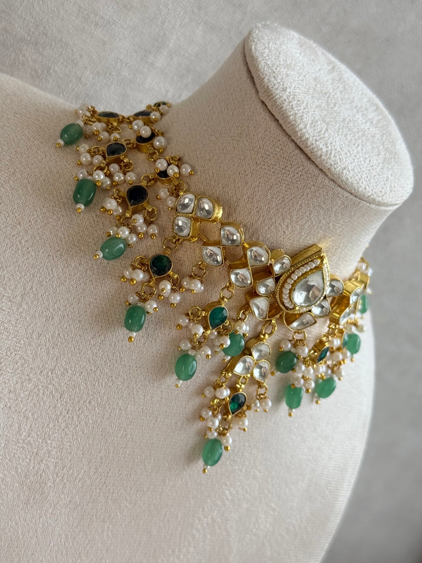Ayura Designs Naksh Kundan Choker Set with Earrings & Emerald Green Bead Detailing