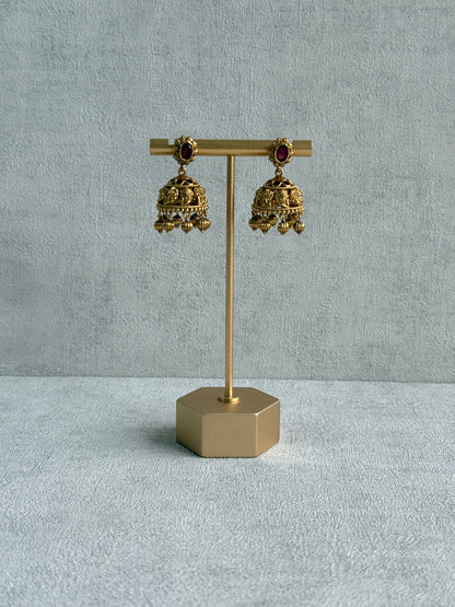 Ayura Designs Savya Jhumkis – Rani Pink Stones, Floral Motifs & Antique Gold Finish