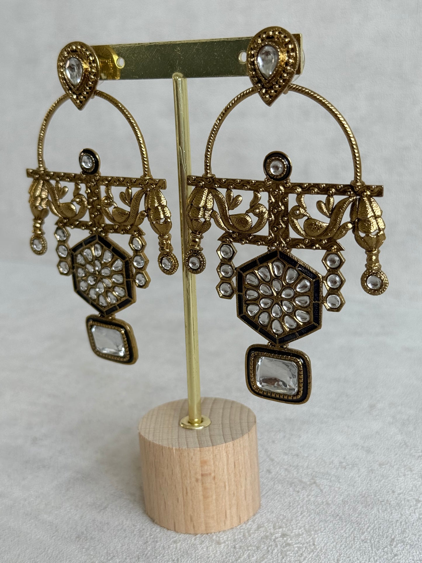 Ayura Designs Irene Earrings – Navy Blue Kundan, Meenakari & Crystal Peacock Chandeliers in Gold