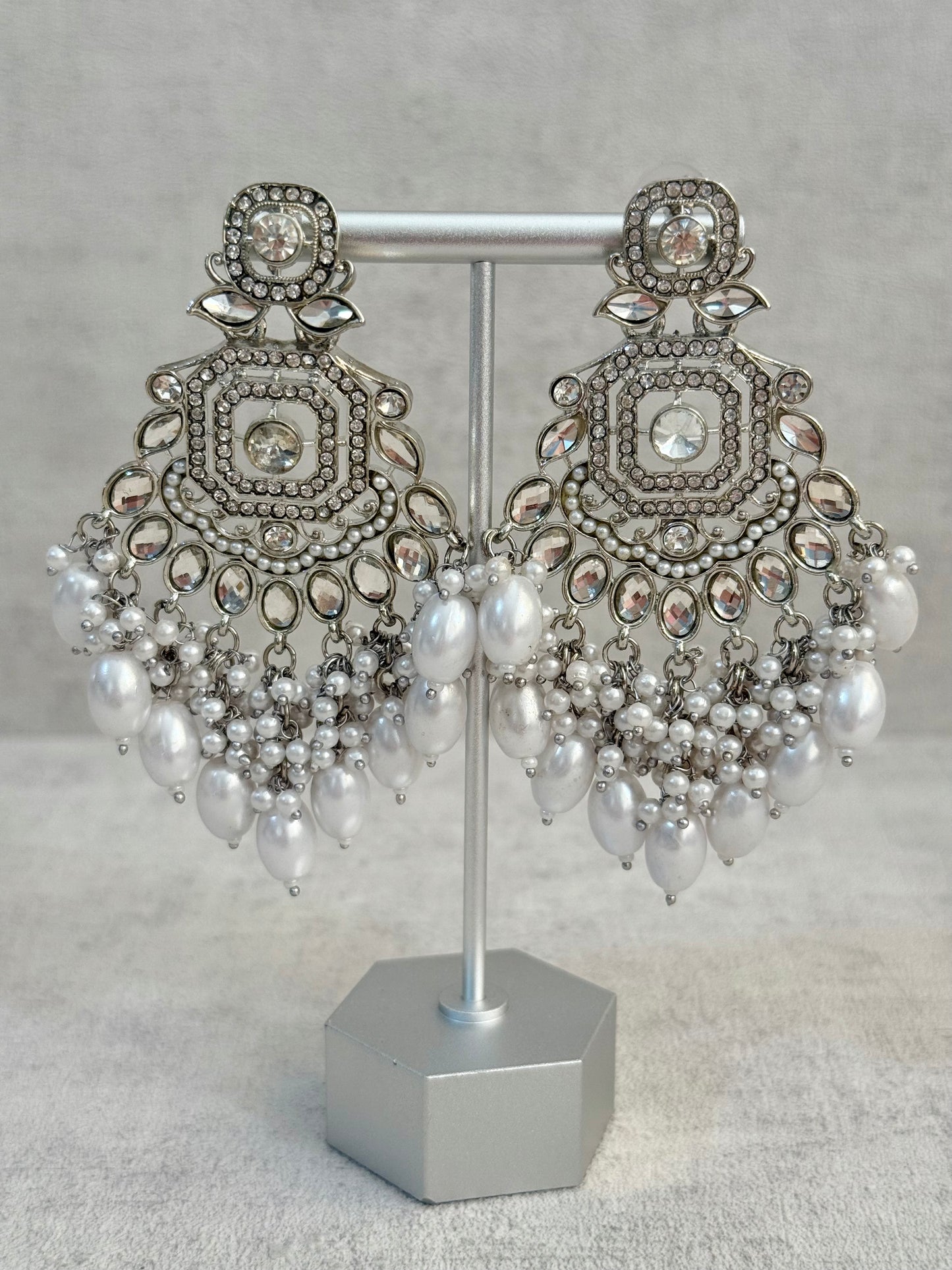 Ayura Designs Vinari Earrings – Silver Crystal Chandelier Earrings with Pearl Clusters