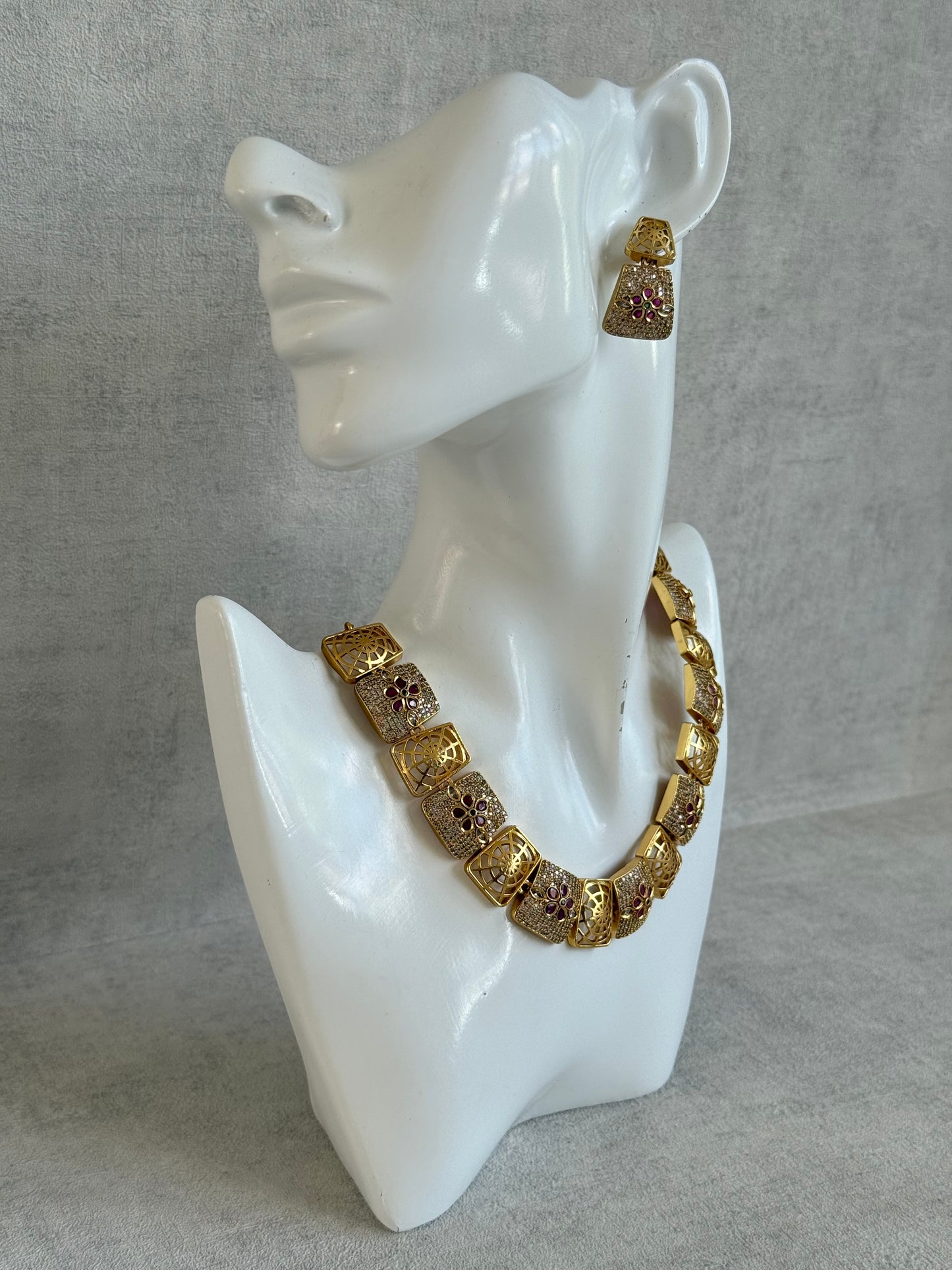 Ayura Designs Vibha Necklace & Stud Earrings Set – Gold Floral Statement Design with Ruby Pink & Crystal Detailing