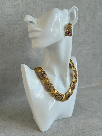 Ayura Designs Vibha Necklace & Stud Earrings Set – Gold Floral Statement Design with Ruby Pink & Crystal Detailing