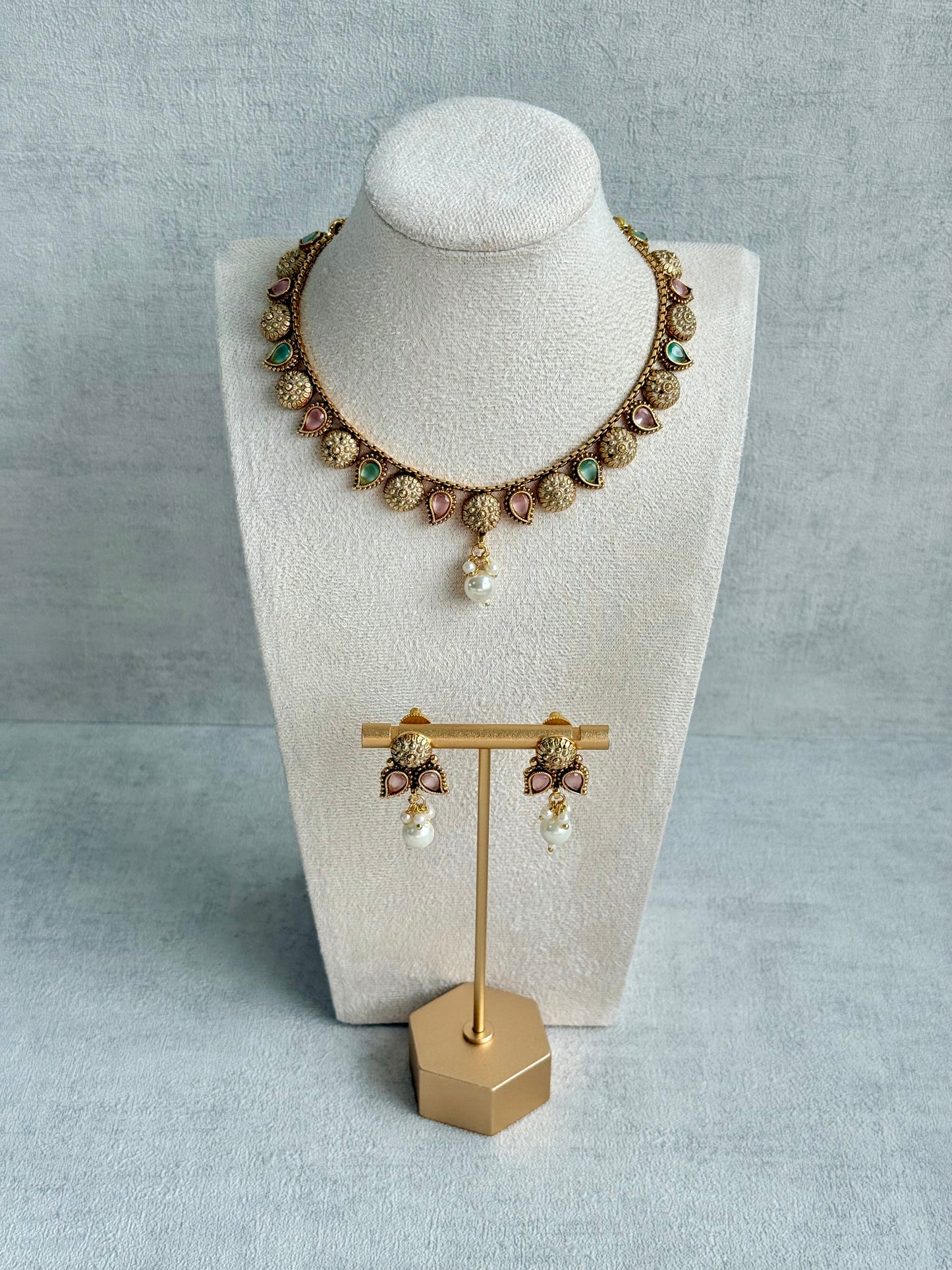 Ayura Designs Mayura Necklace Set with Earrings – Antique Gold Meenakari Motifs with Pearl Drop & Blush Pink and Mint Green Stones