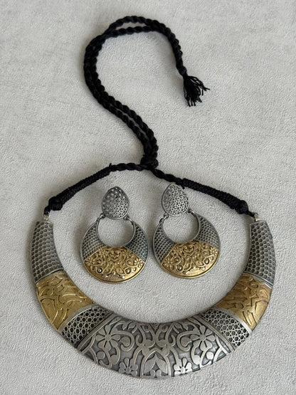 Ayura Designs Raahil Necklace Set with Earrings – Dual Tone Oxidised Statement Necklace with Floral Engraving & Cutwork Detailing