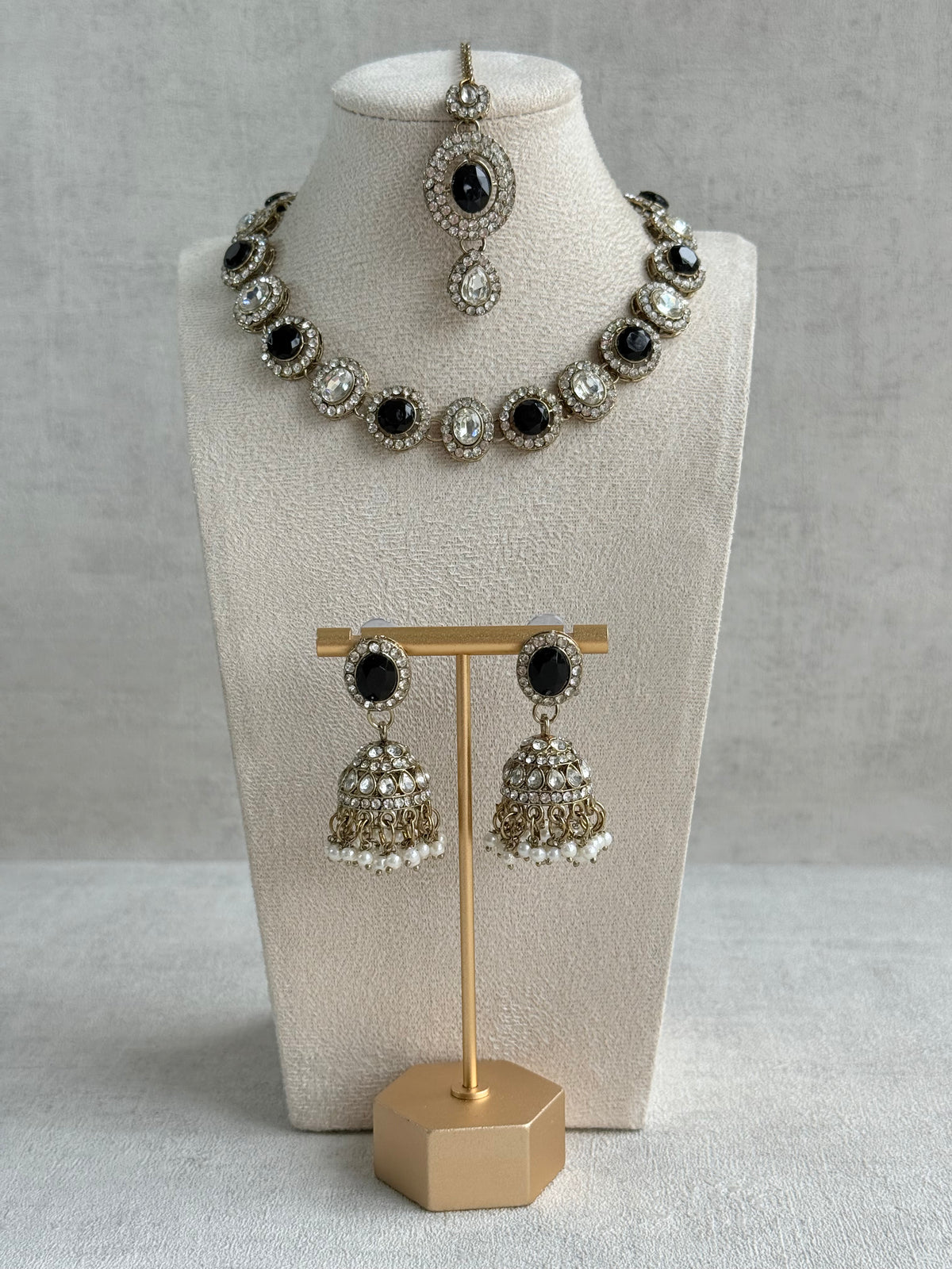 Ayura Designs Eira Necklace Set with Earrings & Tikka – Black & Crystal Stones with Antique Gold Finish