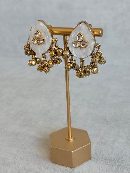 Ayura Designs Aykai Earrings – White Carved Teardrop Stud Earrings with Clear Kundan Stones and Gold Ghungroo Drops