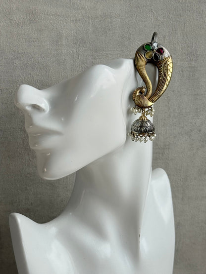Ayura Designs Moorni Earrings – Dual Tone Oxidised Peacock Ear Climbers with Multicolour Stones & Pearl Jhumki Drops