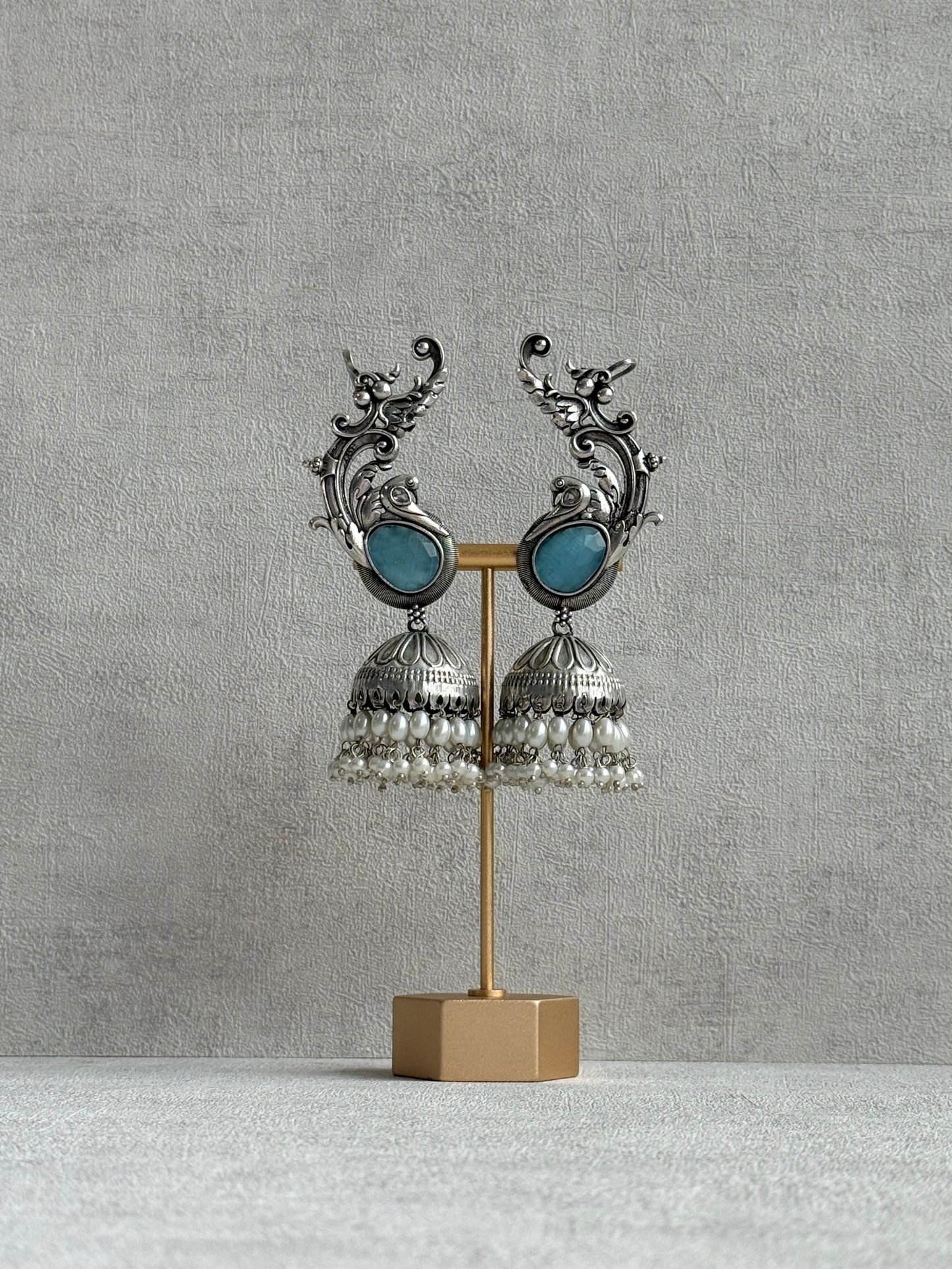 Ayura Designs Manzil Earrings – Oxidised Silver Ear Cuff Jhumkis with Aqua Stones & Pearl Detailing