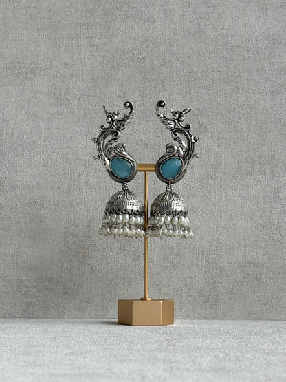 Ayura Designs Manzil Earrings – Oxidised Silver Ear Cuff Jhumkis with Aqua Stones & Pearl Detailing