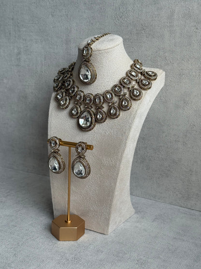 Ayura Designs Aurora Set with Earrings & Tikka – Silver Mirror-Cut Stones & Antique Gold Finish