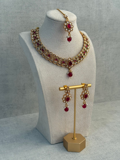 Ayura Designs Biju Set with Necklace, Earrings & Tikka – Fuchsia Pink & Ivory Pearls, Mirror-Cut Stones, Antique Gold Finish