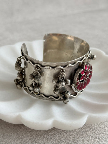 Ayura Designs Ketki Adjustable Cuff Bracelet – Ruby Pink Kundan Floral Motif & Ghungroo Detailing