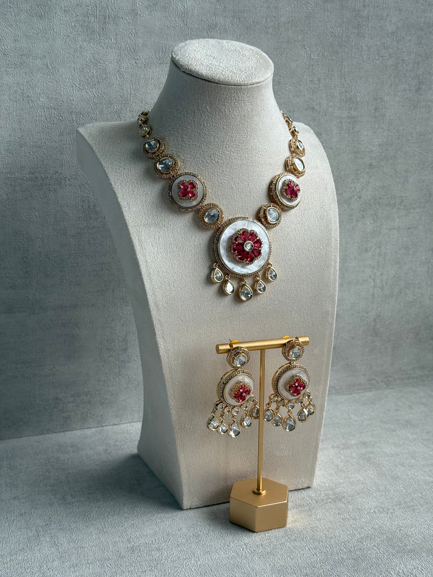 Ayura Designs Wisah Set – Necklace & Earrings with Mother of Pearl, Ruby Pink Stones & Mirror-Cut Detailing