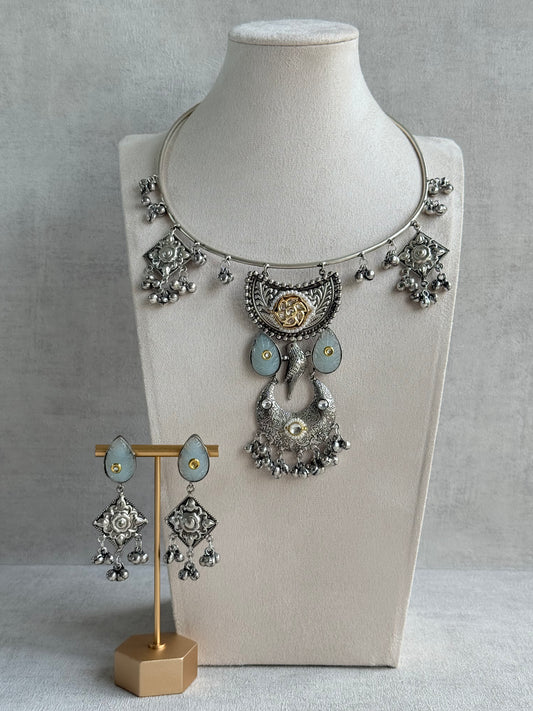 Ayura Designs Jiyana Collar Necklace Set – Dove Grey Carved Teardrop Stones & Oxidised Silver Finish