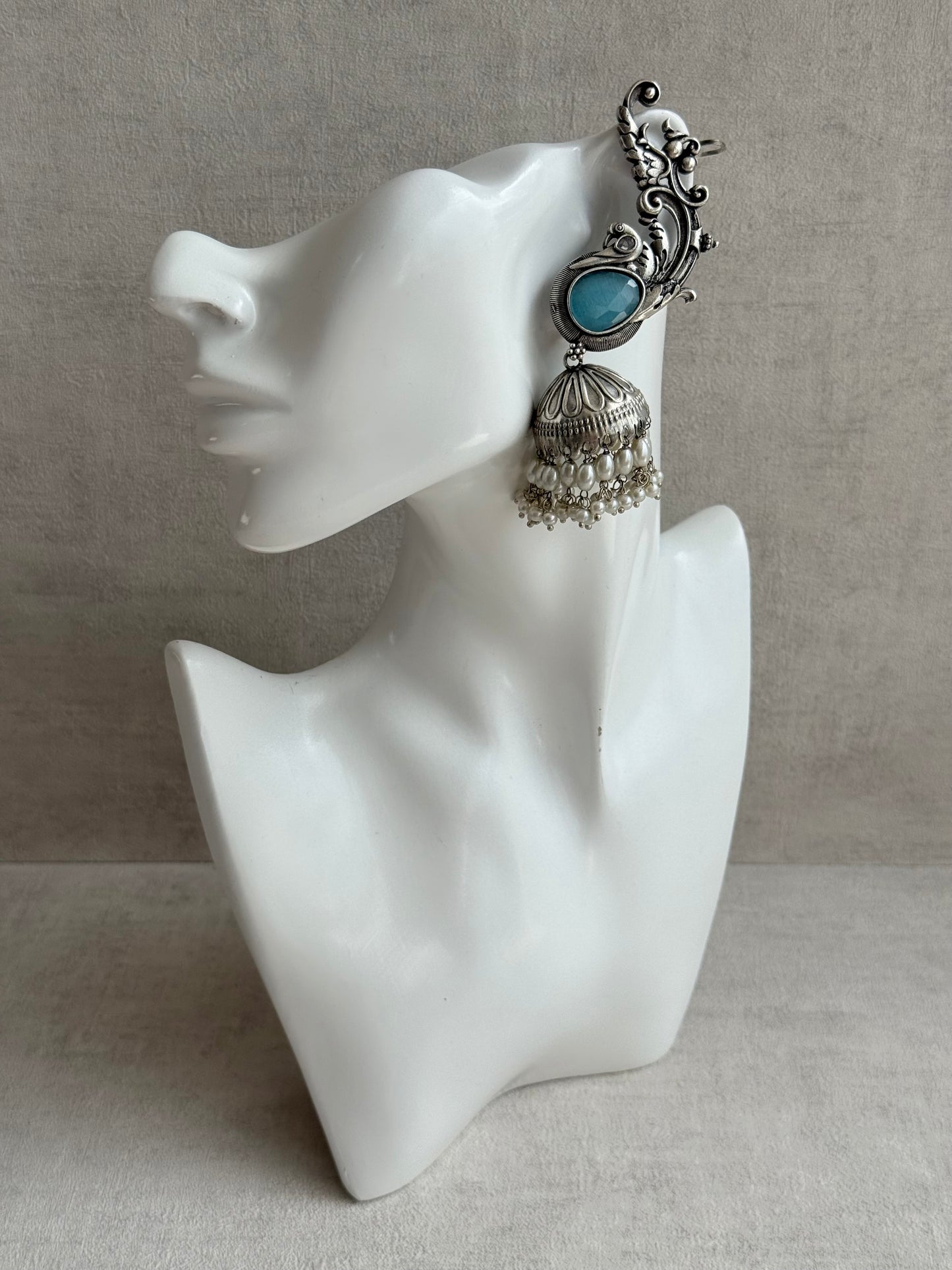Ayura Designs Manzil Earrings – Oxidised Silver Ear Cuff Jhumkis with Aqua Stones & Pearl Detailing