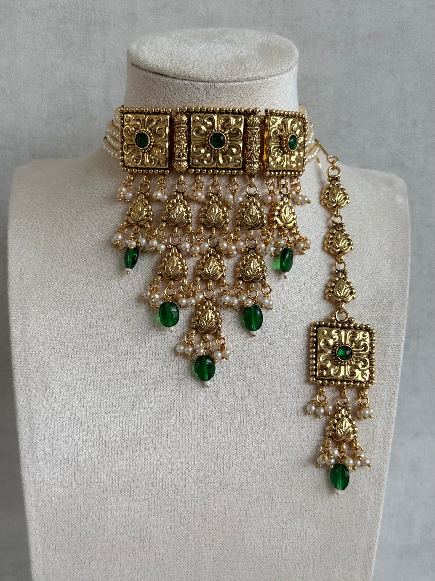 Ayura Designs Nimrah Choker Set with Earrings & Tikka – Emerald Green Gold Tone Waterfall Jewellery Set