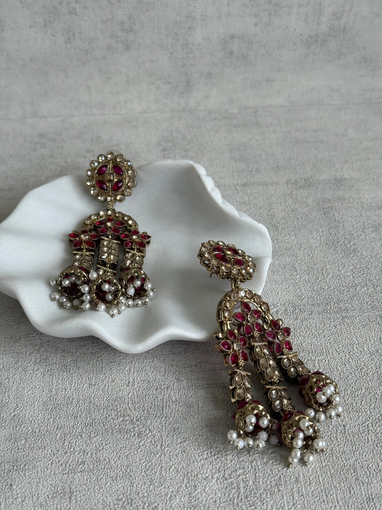 Ayura Designs Soraya Earrings – Fuchsia & Champagne Stones with Pearl Drops & Gold Finish