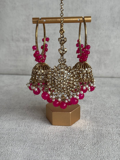 Ayura Designs Dastoor Tikka Set with Balis – Fuchsia Beads, Champagne Stones & Pearls