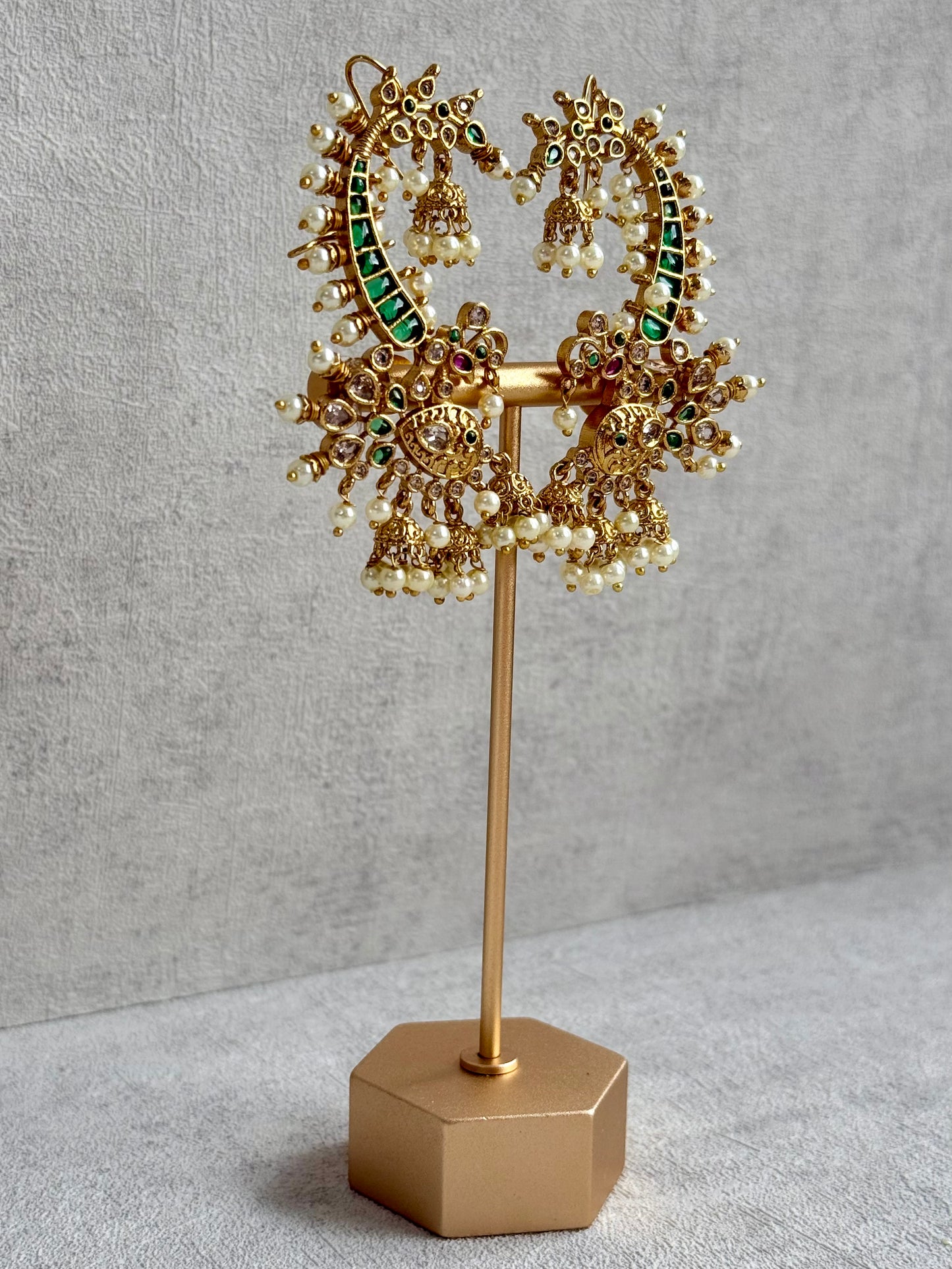 Ayura Designs Megha Half Ear Cuffs – Gold Peacock Motif with Crystal Stones, Emerald & Pink Accents and Pearl Jhumka Drops